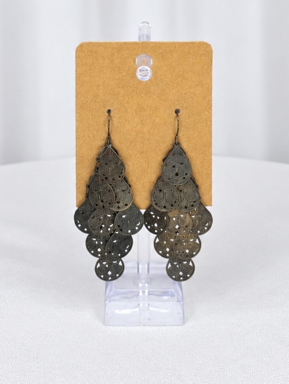 💎Boho Chandelier Earrings Antiqued Bronze Filigree Teardrop Dangle Scratch Dent